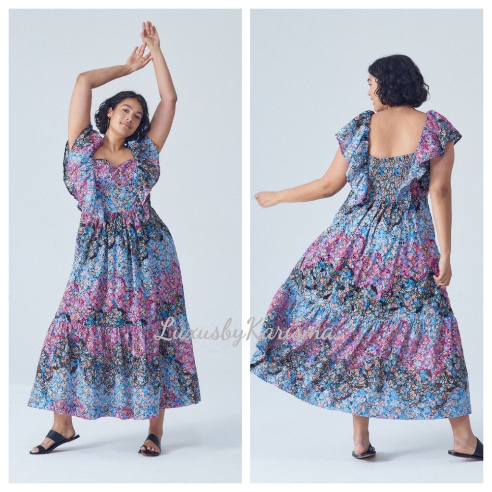 NWT Anthropologie Clementina Eyelet Ruffled Embroidered Maxi Dress L